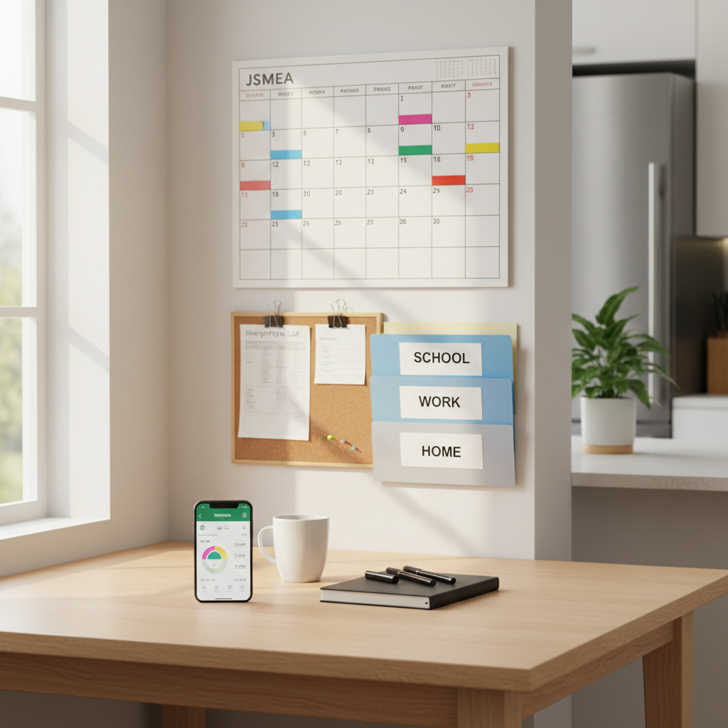 A tidy, sunlit dining table set up as a family command center, featuring a large wall calendar with colorful magnetic markers, a small corkboard with clipped shopping lists, and clear plastic folders labeled for school, work, and home. On the light wood tabletop rests a smartphone with a budgeting app open beside a simple white ceramic mug and a neatly closed notebook with pens aligned. Diffused afternoon light streams through a nearby window, creating a warm, reassuring atmosphere. Photographic realism with a slightly elevated angle emphasizes organization and clarity, while the softly blurred kitchen in the background suggests an active but well-managed household. The composition follows the rule of thirds, highlighting the calendar and folders as the main focus, conveying a sense of control over everyday life.