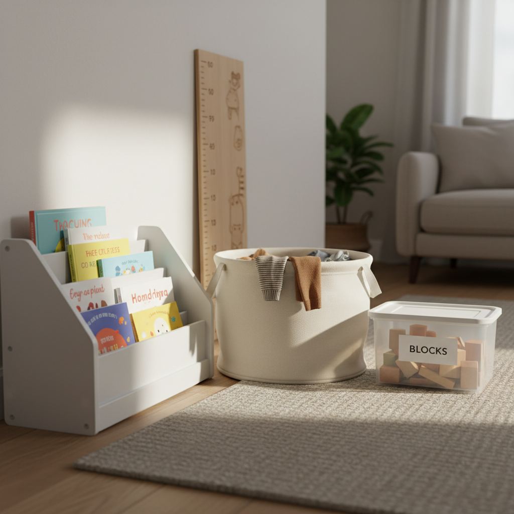 A cozy child’s corner in a minimalist living room, featuring an open low bookshelf of neatly arranged picture books, a soft cotton storage bin with carefully folded clothes peeking out, and a labeled plastic container filled with small toys sorted by type. A plush, neutral-toned rug anchors the space, and a simple wooden growth chart leans against a pale wall in the background. Gentle morning light diffuses from an unseen window, adding a soft glow and subtle shadows that emphasize texture. Photographed at a low, child’s-eye level with a shallow depth of field, the front toys and books are in sharp focus while the rest of the room blurs softly. The mood is peaceful, organized, and nurturing, with a clean, photographic style well-suited to a professional lifestyle blog.