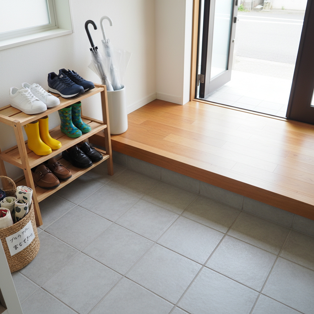 A bright and compact Japanese entryway featuring a simple wooden shoe rack with neatly lined sneakers, children’s rain boots, and adults’ loafers, each pair aligned with care. Beside it, a slim umbrella stand holds a few folded umbrellas and a transparent one, and a woven basket contains labeled reusable shopping bags. The tiled genkan floor contrasts softly with the warm wooden step leading into the home. Natural daylight filters in from the open front door, casting soft shadows and a welcoming glow on the organized space. Captured from a slightly elevated, wide-angle perspective, the photograph shows the entire entryway in clear focus, emphasizing efficient use of space and everyday practicality. The mood is orderly yet warm, illustrating thoughtful routines for coming and going.