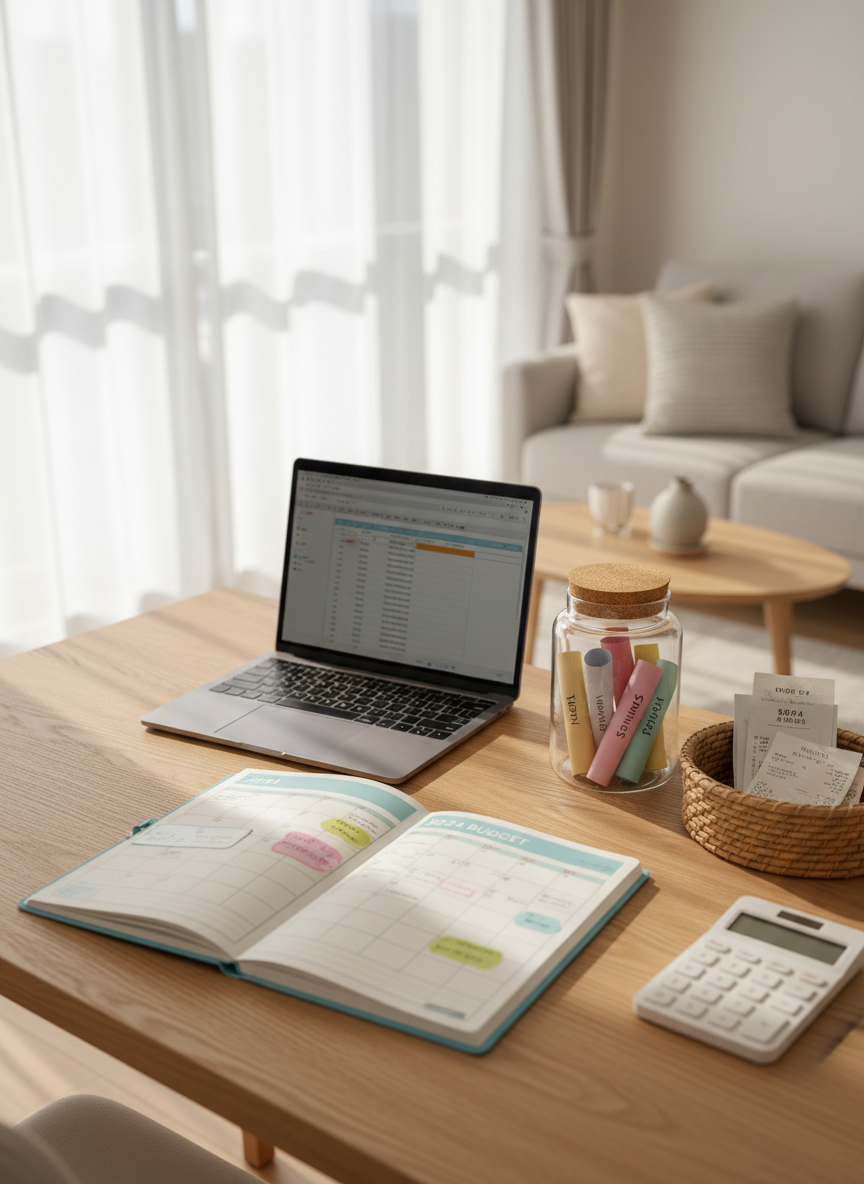 A neatly organized wooden desk in a bright, modern Japanese apartment living room, holding an open monthly planner, a slim silver laptop, and a clear glass jar filled with colorful budget-labeled envelopes. Nearby, a small woven basket contains neatly stacked household bills and a simple calculator. Soft morning sunlight filters through sheer white curtains, casting gentle, elongated shadows across the light oak surface and creating a calm, inviting glow. Shot at an eye-level angle with a shallow depth of field, keeping the planner in crisp photographic focus while the background sofa and minimal decor fade into a soft blur. The overall mood is orderly, hopeful, and professional, with a clean, contemporary aesthetic that reflects thoughtful everyday living.